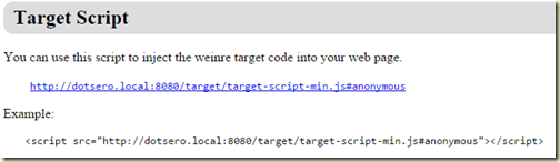 5 weinre welcome page Example of a target script to add to your web app