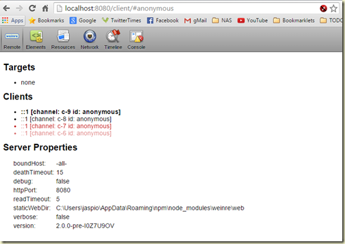 image Connecting to Weinre dashboard